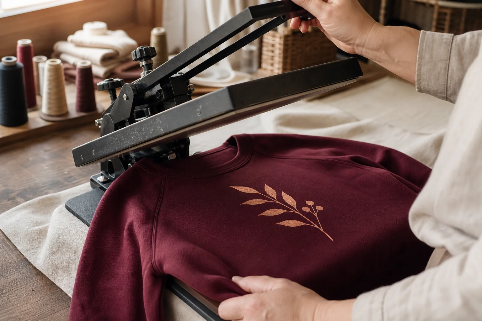 Beispielvisualisierung: Ein kupferfarbenes Blättermotiv wurde auf einen bordeauxfarbenen Pullover aufgepresst.